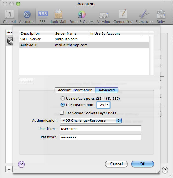 Lion 10.7 - Mac Mail - Step 7 - Change SMTP port to 2525