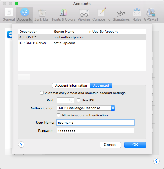 El Capitan 10.11 - Mac Mail - Step 5 - Change the SMTP port, set Authentication to MD5 Challenge-Response and enter your username and password