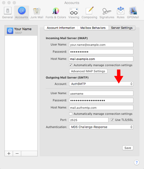 High Sierra 10.13 - Mac Mail - Step 7 - Set AuthSMTP as alternate SMTP server