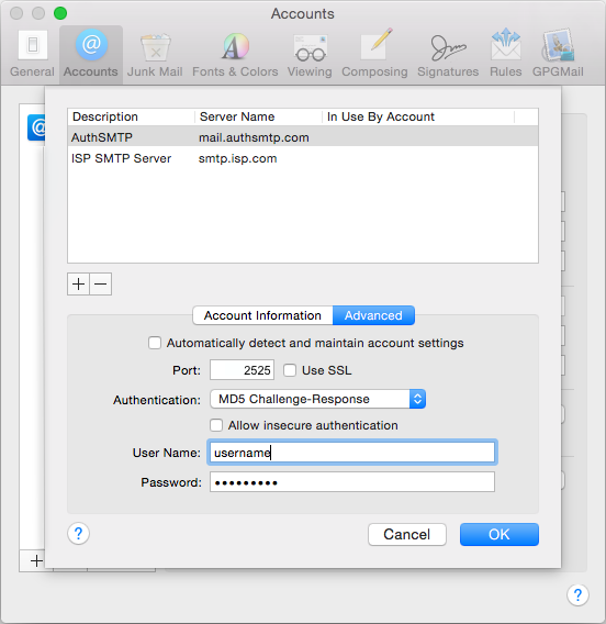 Yosemite 10.10 - Mac Mail - Step 5 - Change the SMTP port, set Authentication to MD5 Challenge-Response and enter your username and password