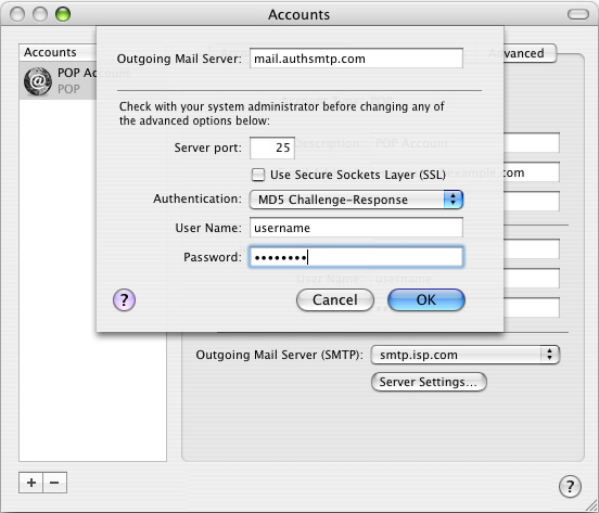 Mac Mail - Step 5 - Change outgoing mail server to AuthSMTP's and enter AuthSMTP username and password