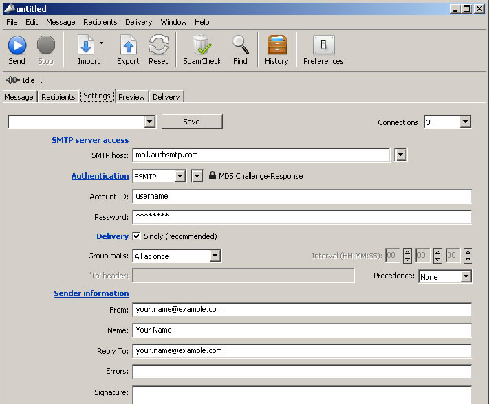 Max Bulk Mailer 6.8 - Step 2 - Enter authenticated SMTP settings