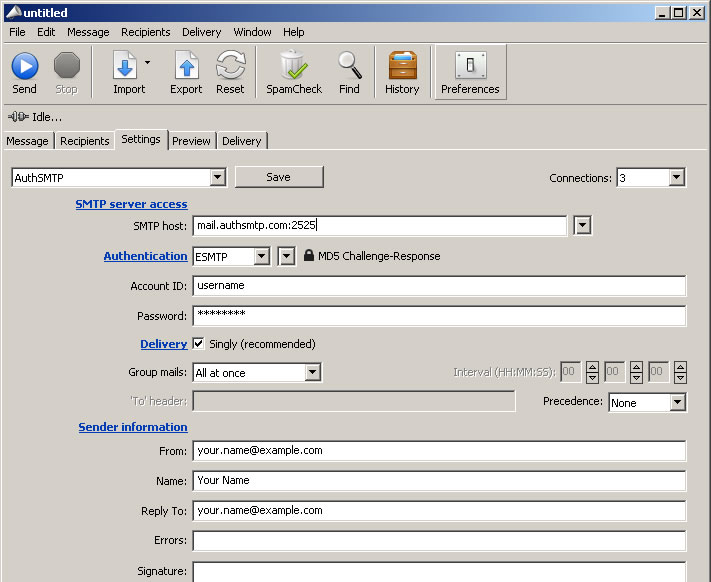 Max Bulk Mailer 6.8 - Step 2 - Enter authenticated SMTP settings