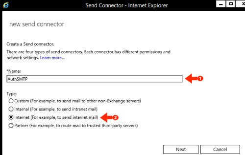 Exchange 2016 Smarthost Setup - Step 4 - Enter name for the connector and set the type to Internet