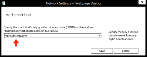 Exchange 2016 Smarthost Setup - Step 6 - Enter smart host SMTP server name and save