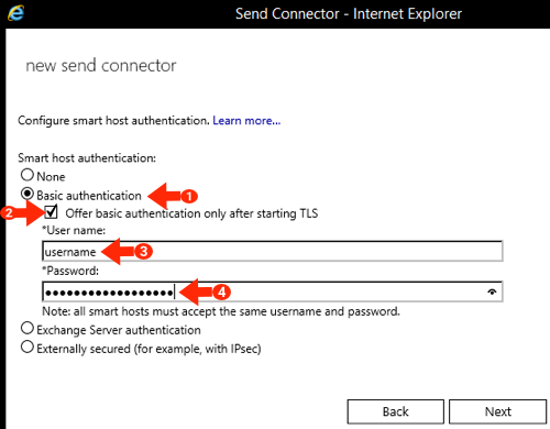 Exchange 2016 Smarthost Setup - Step 8 - Enter smart host SMTP credentials