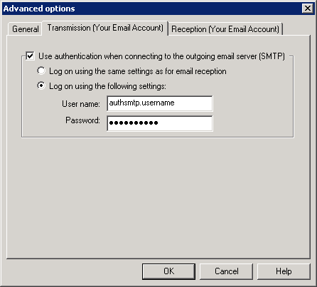 BVRP Mobile Phone Tools - Step 3 - Go to Transmission tab, tick use authentication and enter AuthSMTP username and password