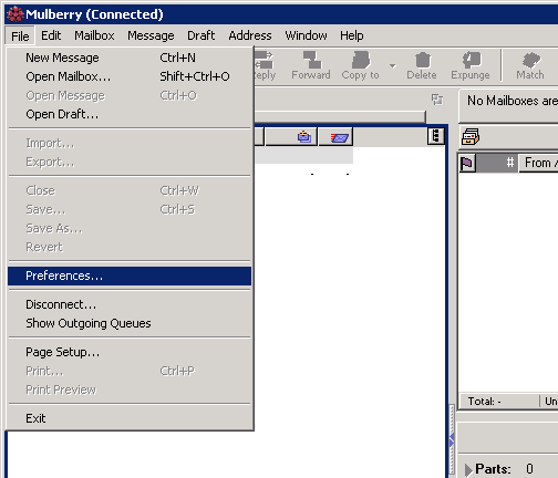 Mulberry v4 - Step 1 - Go to File menu and click preferences