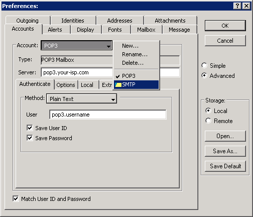 Mulberry v3 - Step 2 - Go to Accounts tab, from the drop down Account menu and click SMTP