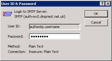 Mulberry v3 - Step 4 - Enter AuthSMTP password and click OK to complete setup of authenticated outgoing email relay service