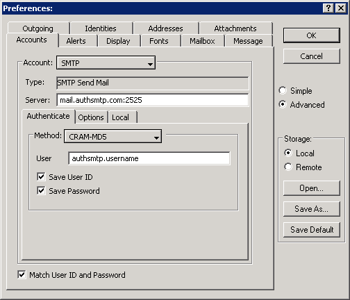 Mulberry v4 - Step 3 - Change outgoing mail server using alternative SMTP port and enter AuthSMTP username