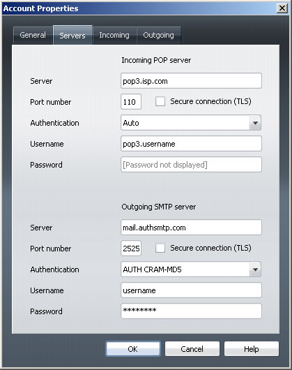 Opera v9 - Step 3 - Go to the Servers tab, change the Outgoing SMTP server to AuthSMTP's, change SMTP port to alternative one 2525, change authentication type to CRAM-MD5 and then enter your AuthSMTP username and password