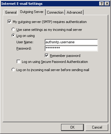 Outlook 2002 - Step 6 - Tick outgoing server requires authentication and enter your AuthSMTP username and password