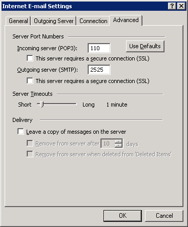 Outlook 2002 - Step 7 - Go to the advanced tab and change outgoing server (SMTP) port to alternative port 2525