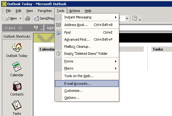 Outlook 2003 - Step 1 - Go to the Tools menu and click Email Accounts