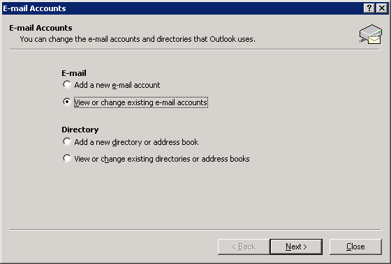 Outlook 2003 - Step 2 - Click view or change existing email accounts and click Next