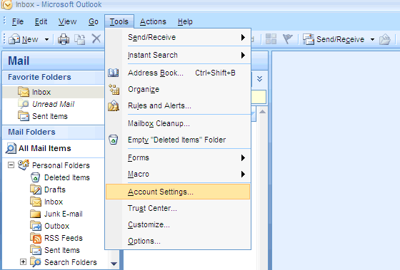 Outlook 2007 - Step 1 - Go to the Tools menu and click Account Settings