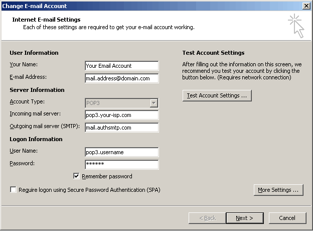 Outlook 2007 - Step 3 - Change outgoing mail server to AuthSMTP's and then click More Settings