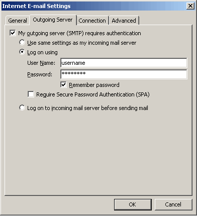 Outlook 2007 - Step 4 - Go to the Outgoing Server tab, tick outgoing server requires authentication and enter your AuthSMTP username and password