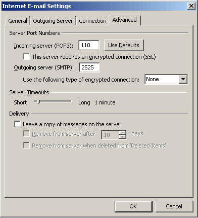 Outlook 2007 - Step 5 - Go to the advanced tab and change outgoing server (SMTP) port to alternative port 2525