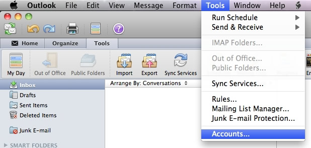 Outlook 2011 for Apple Mac OS X - Step 1 - Go to the tools tab