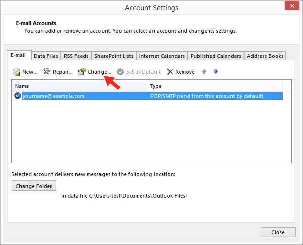Outlook 2013 - Step 4 - Click the Change button