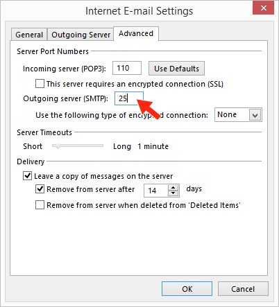 Outlook 2013 - Step 7 - Go to the Advanced tab and set the SMTP port to 25