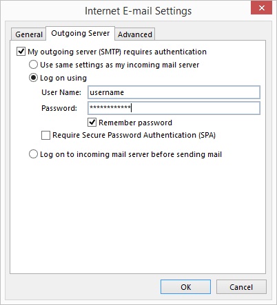 Outlook 2016 - Step 6 - Go to the Outgoing Server tab, tick outgoing server requires authentication and enter your AuthSMTP username and password