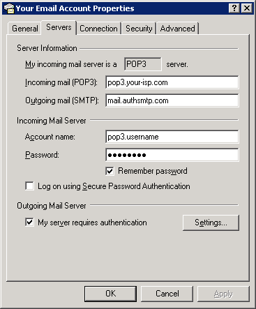 Outlook Express 6 - Step 5 - Change the outgoing mail server to AuthSMTP's and tick Server Requires Authentication then click Settings