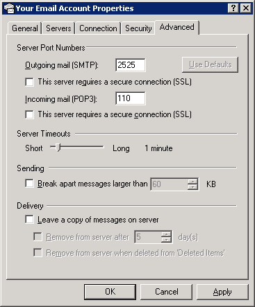 Outlook Express 6 - Step 7 - Go the Advanced tab and change the outgoing SMTP port to the alternative port 2525