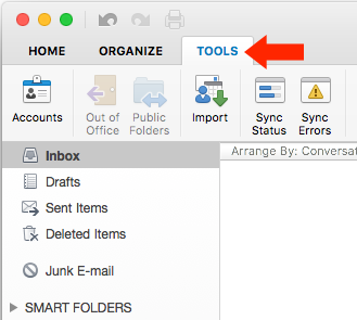 Outlook for Mac v15 - Step 3 - Tools Tab