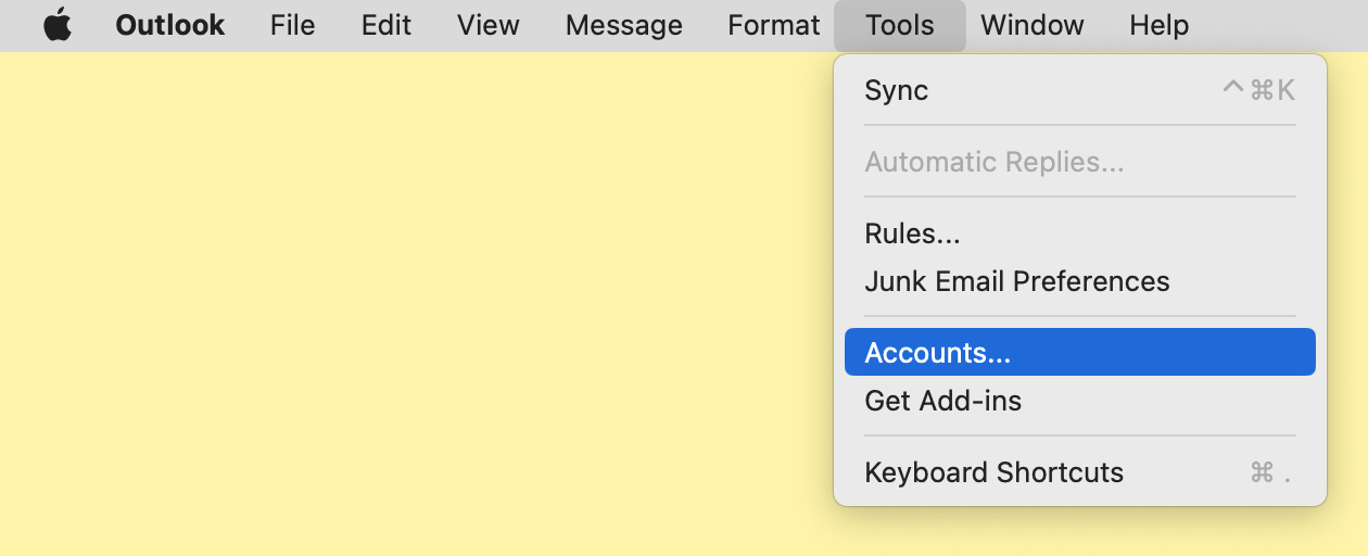 Outlook for Mac v16 - Step 2 - Tools - Accounts