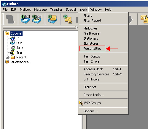 Eudora v7 - Step 1 - Go to the Tools menu and click Personalities