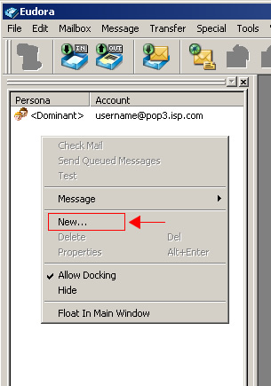 Eudora v7 - Step 2 - Right click in Personalities column and click New