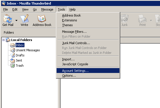 Thunderbird v0.9 - Step 1 - Go the Tools menu and click Accounts Settings
