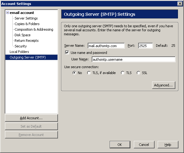 Thunderbird v1.0 - Step 2 - Click Outgoing Server SMTP, change the Server Name to AuthSMTP's, change the port to 2525, tick use and then enter your AuthSMTP username and password, use secure connection should be set to No