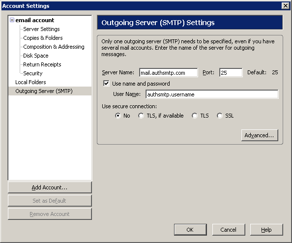 Thunderbird v0.9 - Step 2 - Click Outgoing Server SMTP, change the Server Name to AuthSMTP's, tick use and then enter your AuthSMTP username and password, use secure connection should be set to No