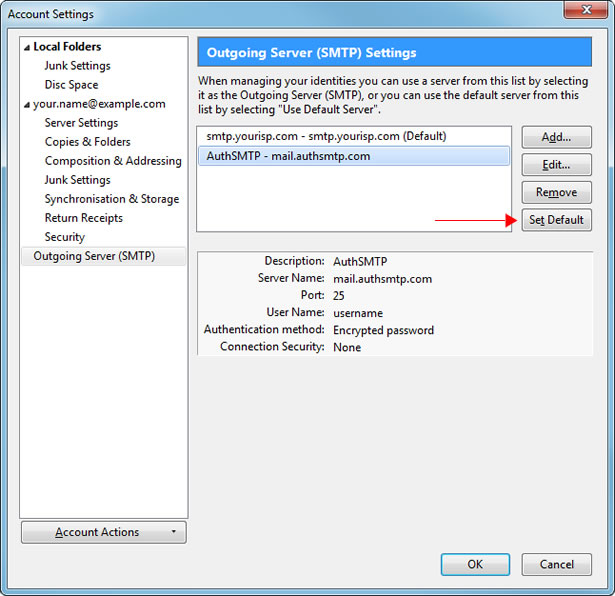 Thunderbird v38 - Step 4 - Set AuthSMTP as default SMTP server