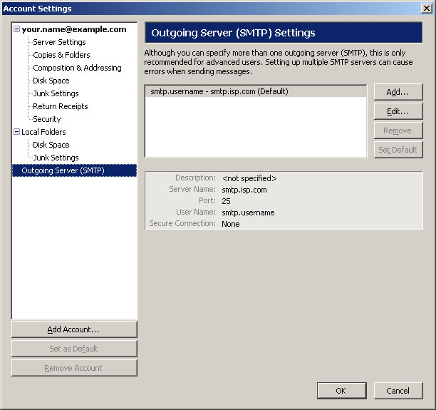 Thunderbird v2.0 - Step 2 - Click Outgoing Server SMTP and then click Add..