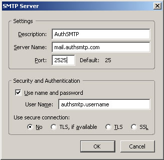 Thunderbird v2.0 - Step 3 - Enter AuthSMTP as Description, enter AuthSMTP's outgoing mail server, change the port to alternative port 2525, tick use and then enter your AuthSMTP username, use secure connection should be set to No and then click OK
