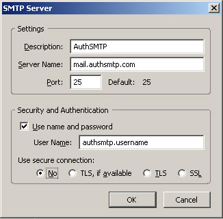Thunderbird v2.0 - Step 3 - Enter AuthSMTP as Description, enter AuthSMTP's outgoing mail server, tick use and then enter your AuthSMTP username, use secure connection should be set to No and then click OK