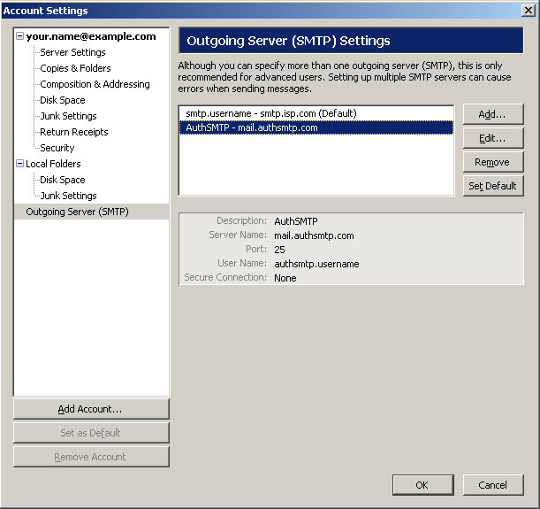 Thunderbird v2.0 - Step 4 - SMTP mail replay service setup completed