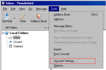 Thunderbird v3.0 - Step 1 - Go the Tools menu and click Accounts Settings