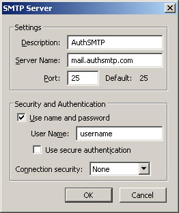 Thunderbird v3.0 - Step 3 - Enter AuthSMTP as Description, enter AuthSMTP's outgoing mail server, tick use and then enter your AuthSMTP username, use secure connection should be set to No and then click OK