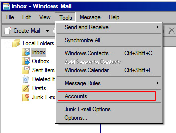 Vista Mail v6 - Step 2 - Go to the Tools menu and click Accounts