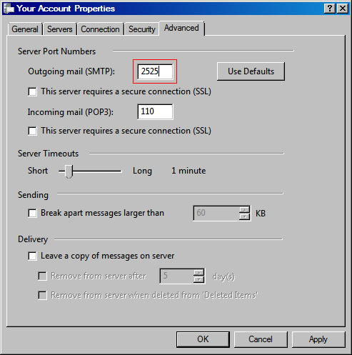 Vista Mail v6 - Step 6 - Go to the Advanced tab and change the SMTP port to the alternative port 2525, click OK to complete the mail relay setup