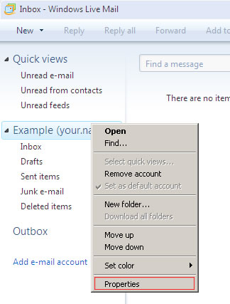 Windows Live Mail 2009 - Step 1 - Right click on your account in left hand column and select Properties
