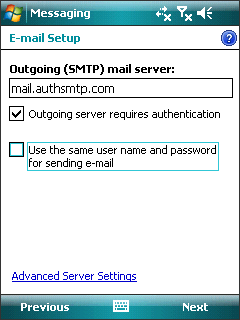 Windows Mobile 6 - Step 5 - Change outgoing mail server to AuthSMTP's server
